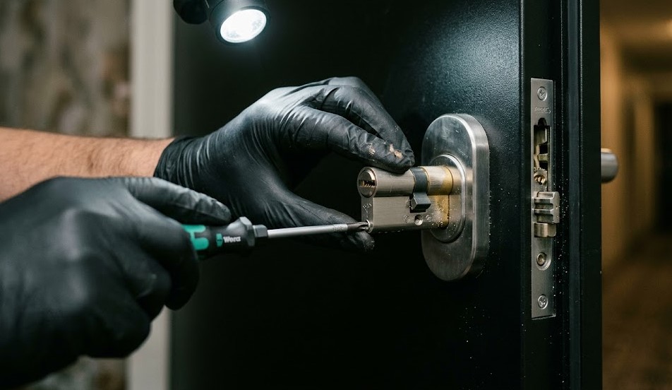 Especialista Cerrajero instalando cerradura anti-bumping en puerta de vivienda en Cenes de la Vega, Granada